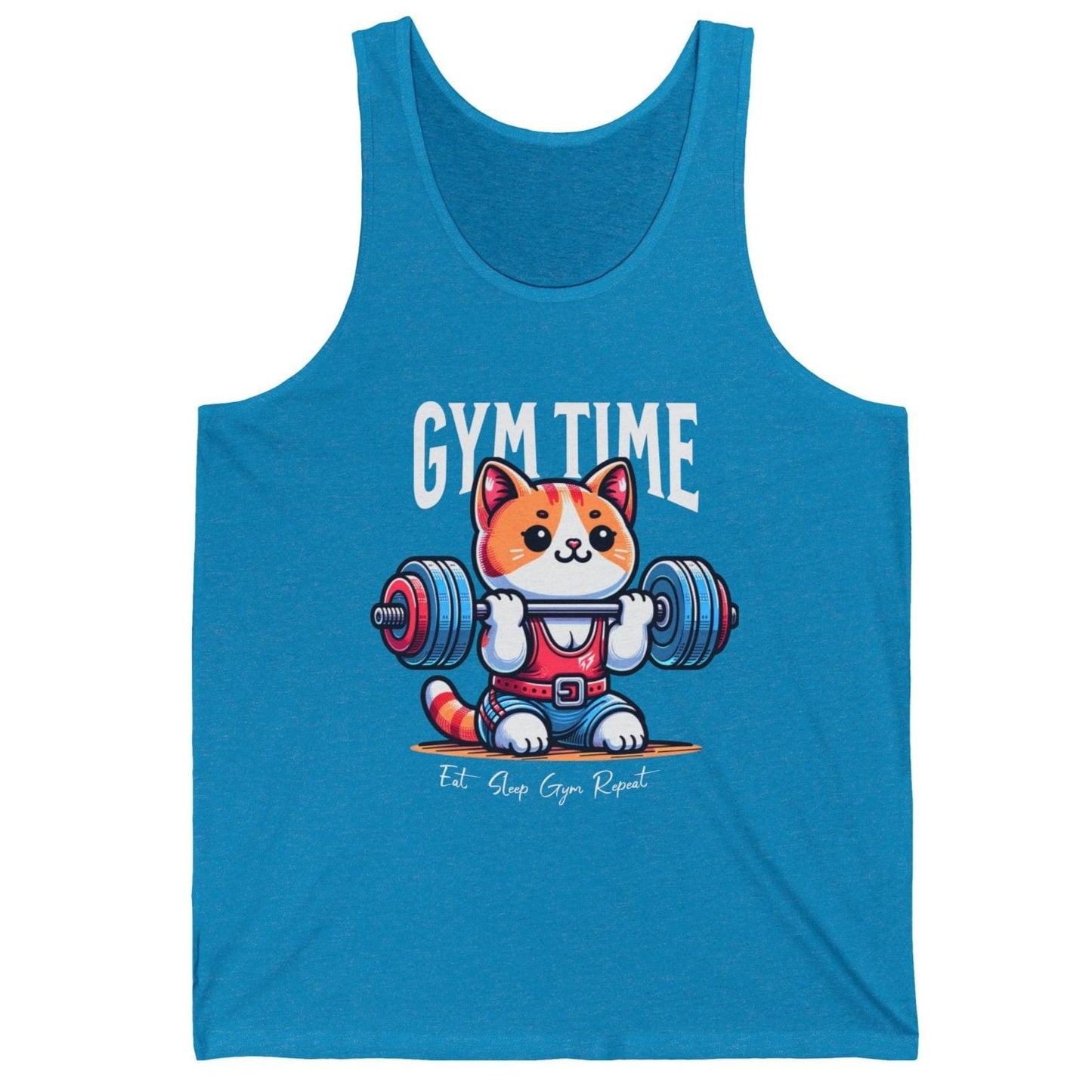 Cat Gym Time Gym Jersey Tank Flashlander Gym Kitty Cotton Unisex Blue Aqua