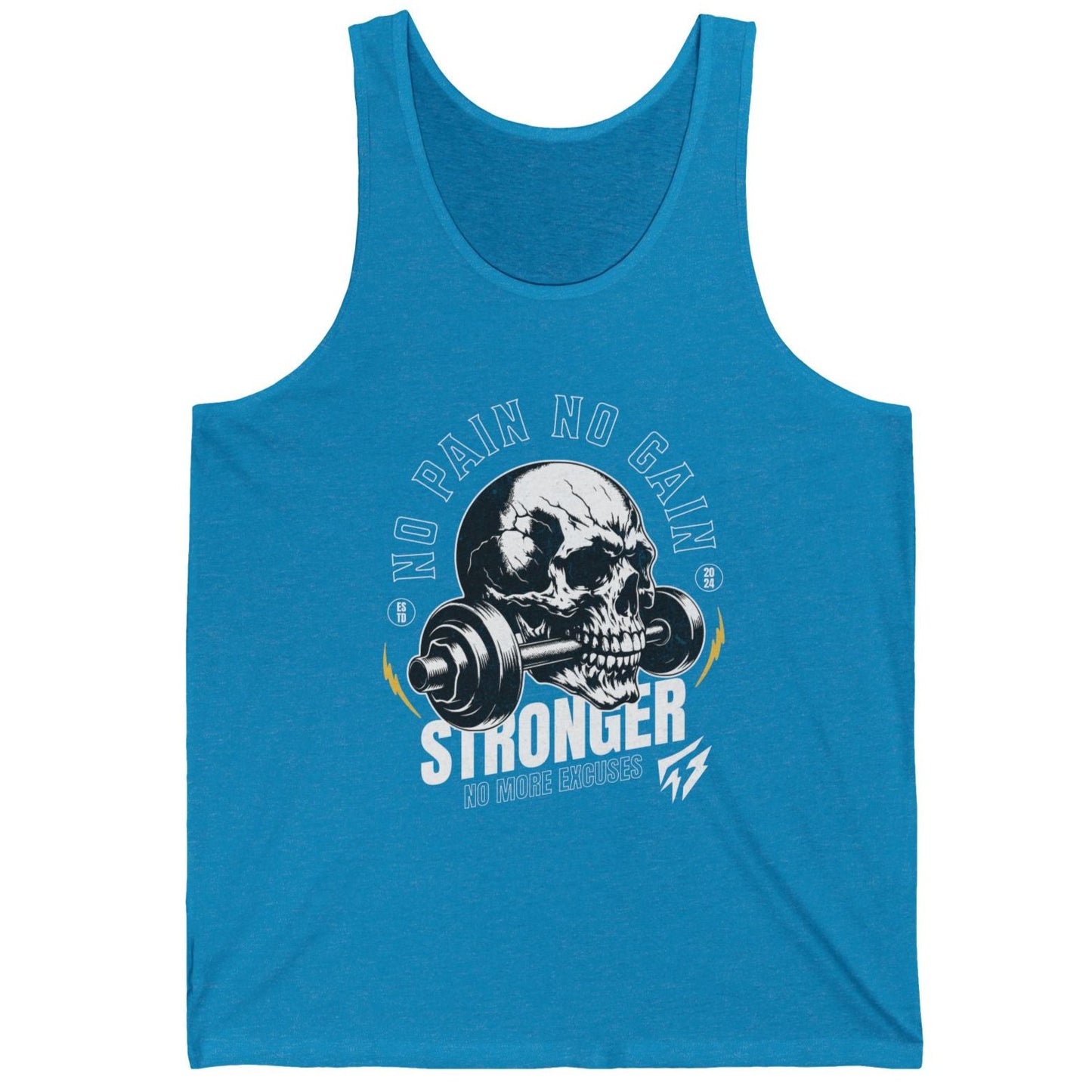 Skull No Pain No Gain Gym Cotton Unisex Jersey Tank Blue Aqua