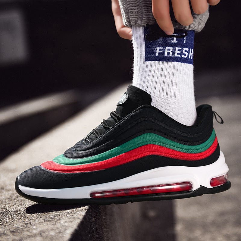 black red sneakers remix air flashlander left side man using shoes