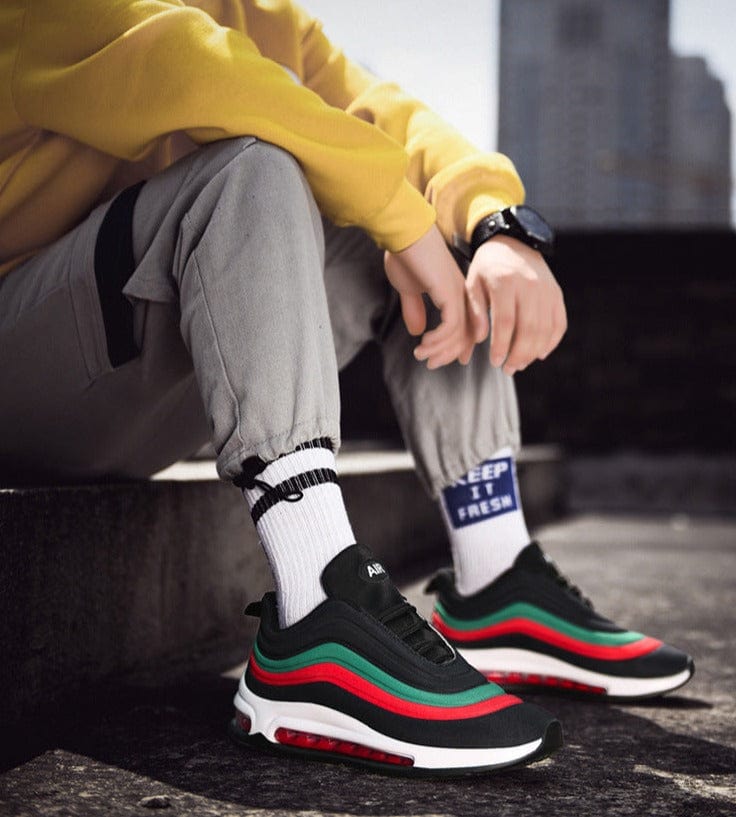 black red sneakers remix air flashlander right side air shoes man sit down with shoes