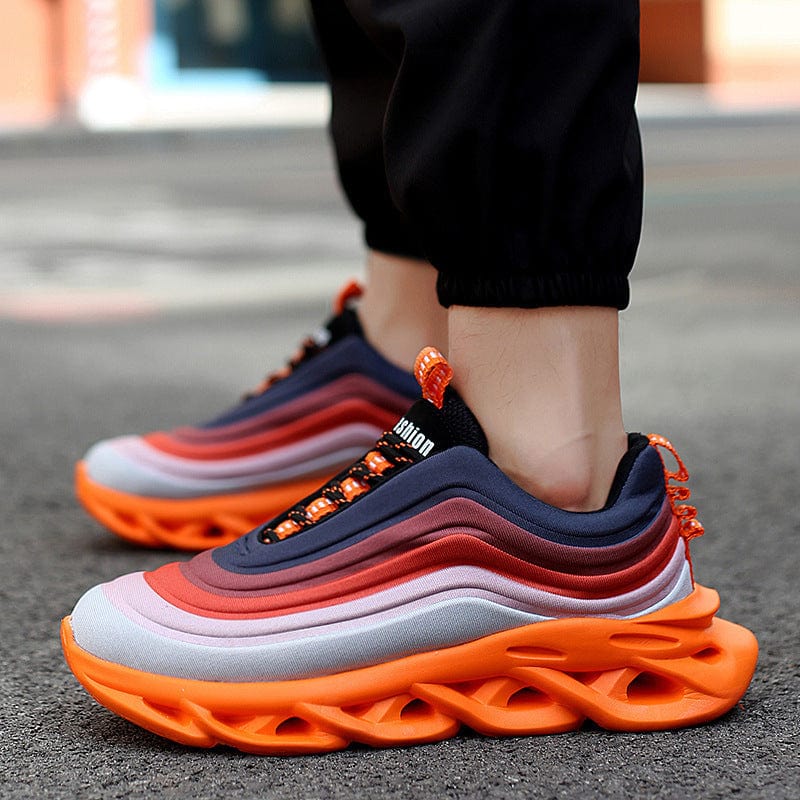 orange sneakers remix flashlander left side model standing with shoes