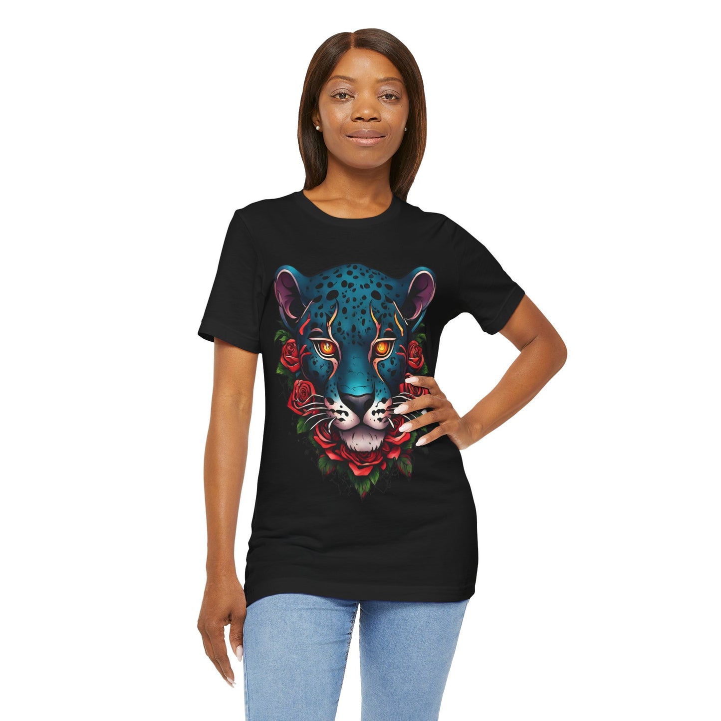 T-shirt graphique unisexe Jaguar Flames and Roses Flashlander