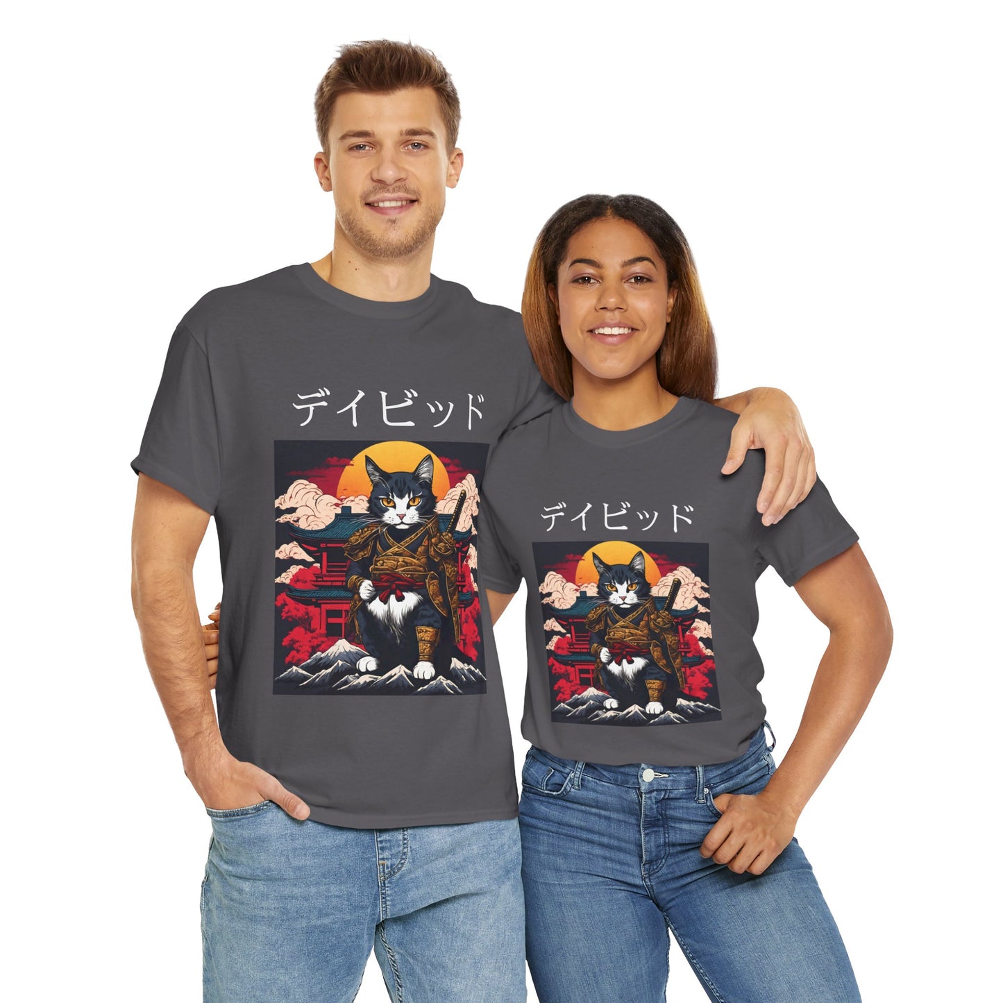 T-shirt japonais personnalisé avec votre nom T-shirt japonais personnalisé T-shirt d'anime de chat samouraï Votre texte Hiragana Katakana Kanji Femmes Hommes T-shirt