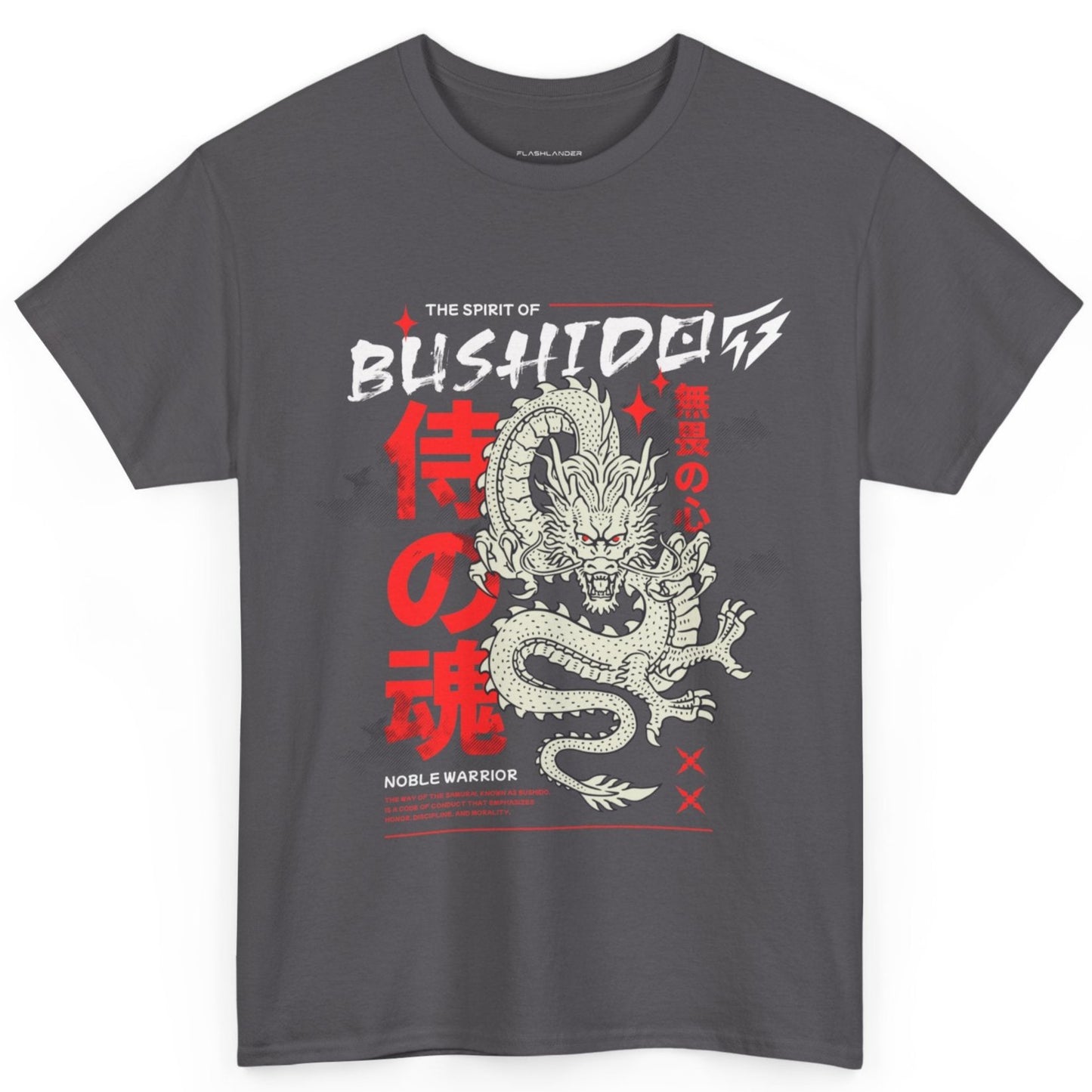 Dragon Gym Shirt The Spirit of Bushido T-Shirt Flashlander Cotton Unisex Charcoal Black Graphic Tee