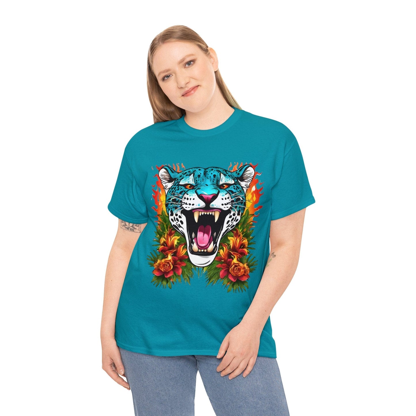 Jaguar Shirt Vintage Jaguar Big Cat Shirt Tiger Shirt Blue Jaguar T Shirt Blue Jaguar Flame and Roses Tee Big Cats Lover Tee Animal Shirt Floral Shirt Floral Jaguar Unisex Heavy Cotton Tee Flashlander