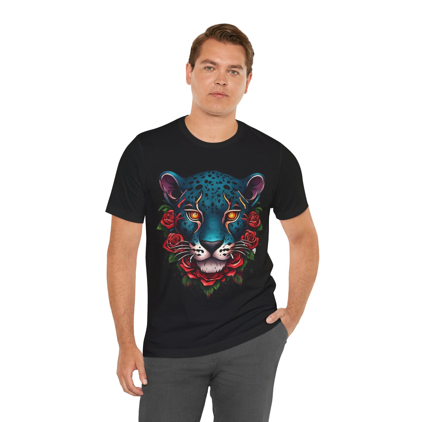 T-shirt graphique unisexe Jaguar Flames and Roses Flashlander