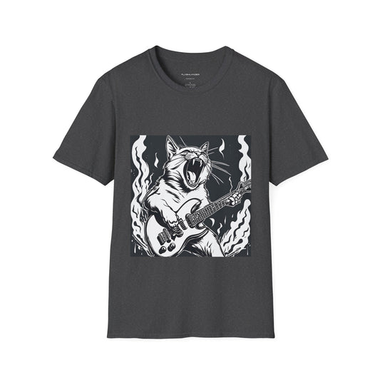 Cat Playing Guitar Tee Una divertida camiseta de gato con guitarra perfecta para los amantes de los gatos y los amantes del rock por igual Camiseta unisex Softstyle Flashlander