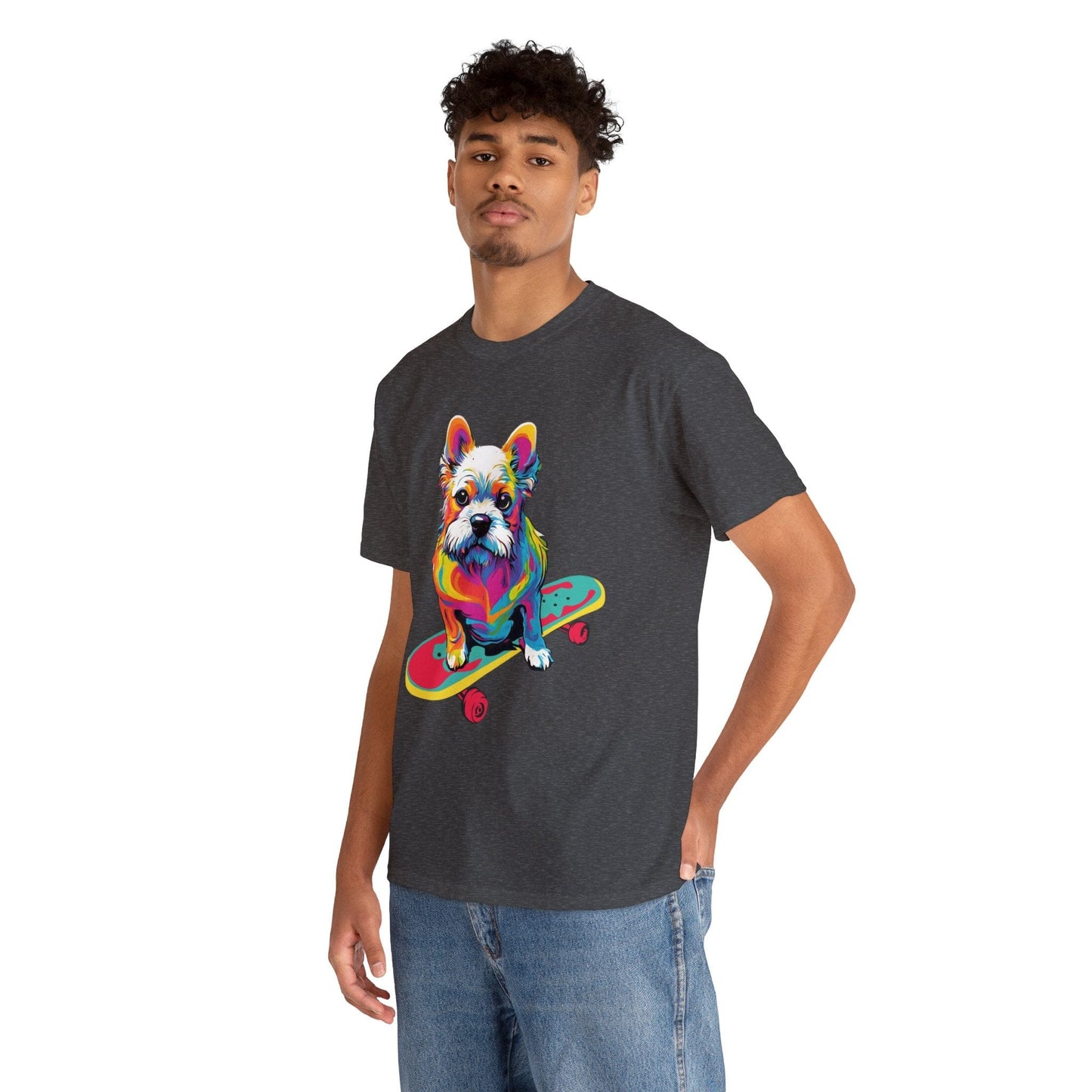 Paws on Wheels Pop Art Skateboarding Dog Tee Unisex Camiseta de algodón pesado Flashlander