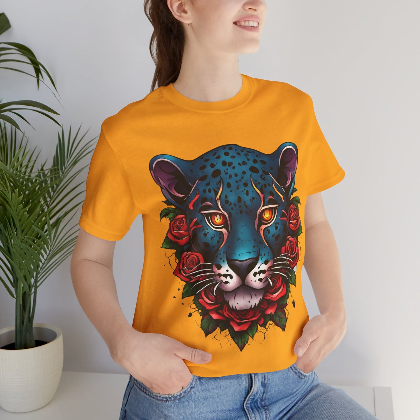 T-shirt graphique unisexe Jaguar Flames and Roses Flashlander