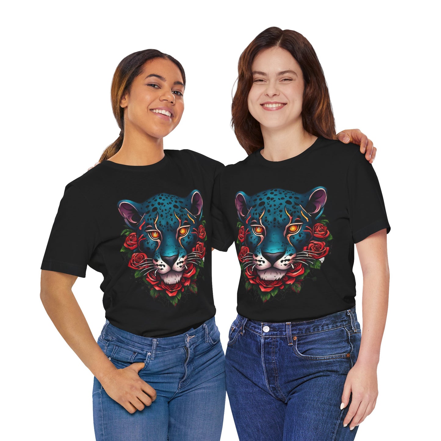 T-shirt graphique unisexe Jaguar Flames and Roses Flashlander