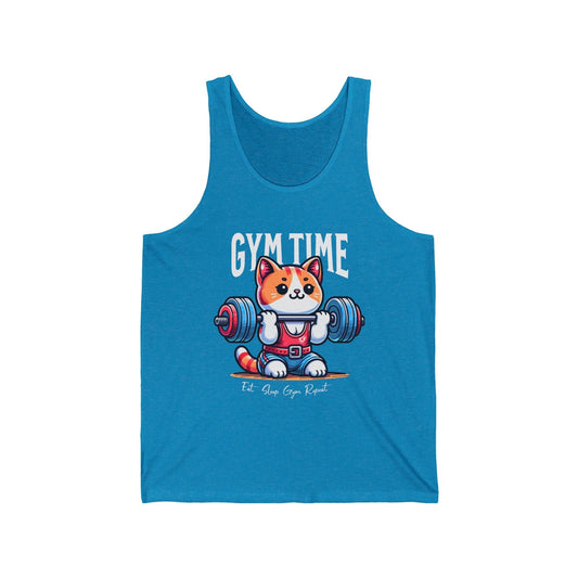 Cat Gym Time Gym Jersey Tank Flashlander Gym Kitty Cotton Unisex Blue Aqua