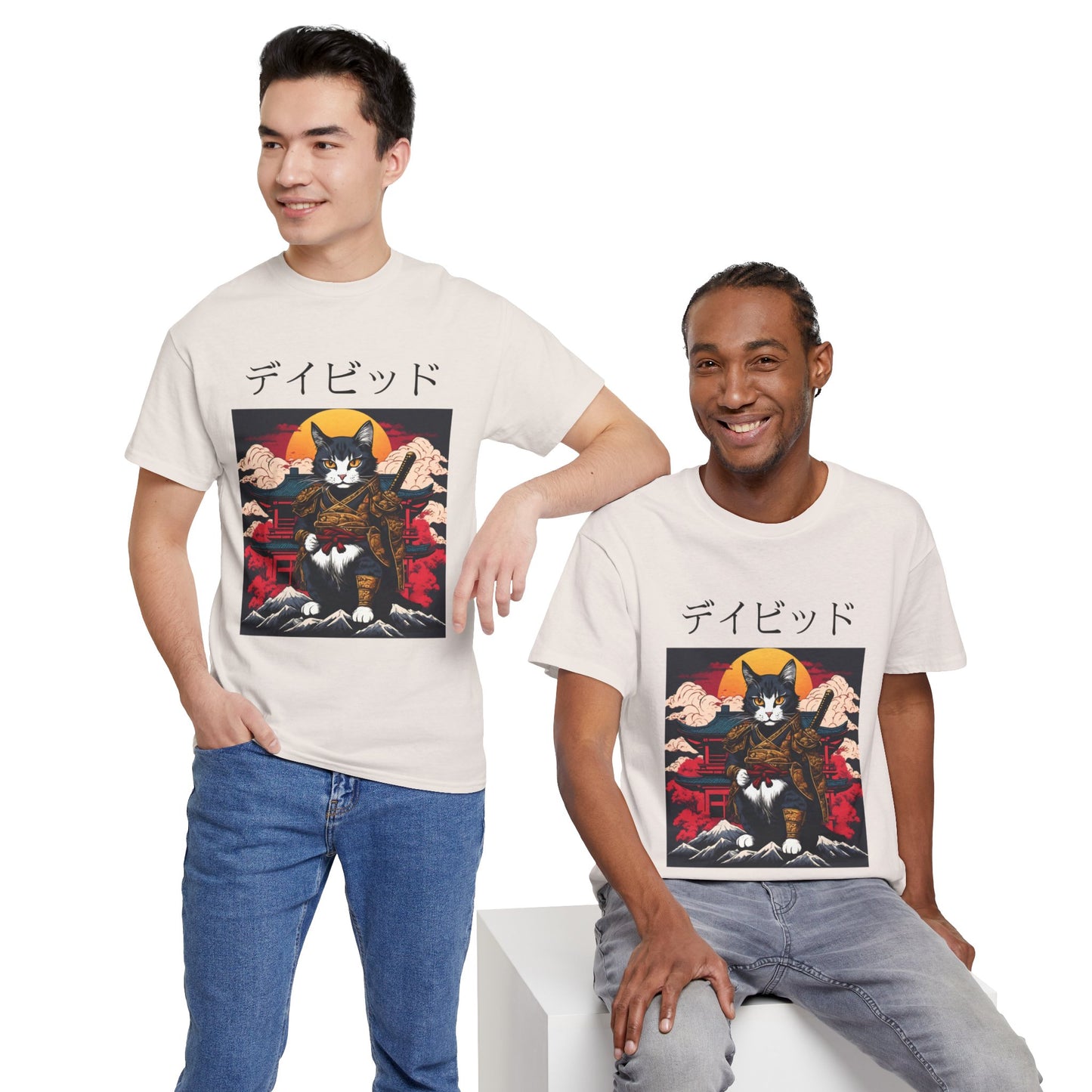 T-shirt japonais personnalisé avec votre nom T-shirt japonais personnalisé T-shirt d'anime de chat samouraï Votre texte Hiragana Katakana Kanji Femmes Hommes T-shirt