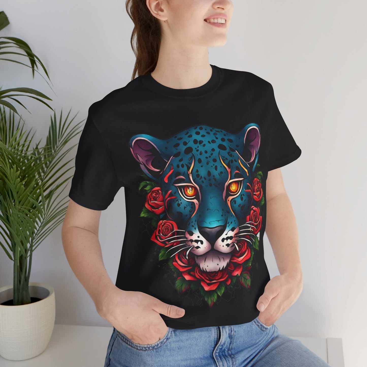 T-shirt graphique unisexe Jaguar Flames and Roses Flashlander