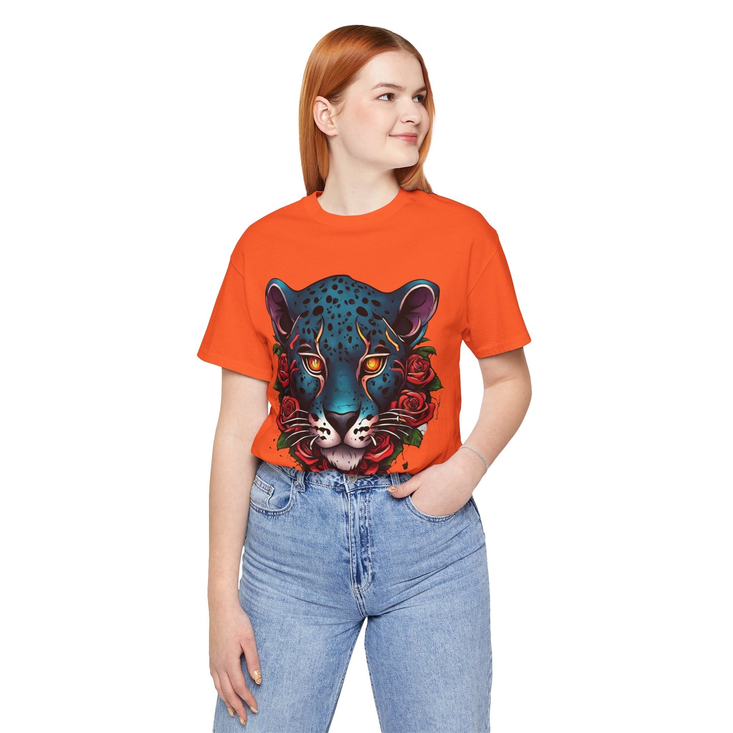 T-shirt graphique unisexe Jaguar Flames and Roses Flashlander