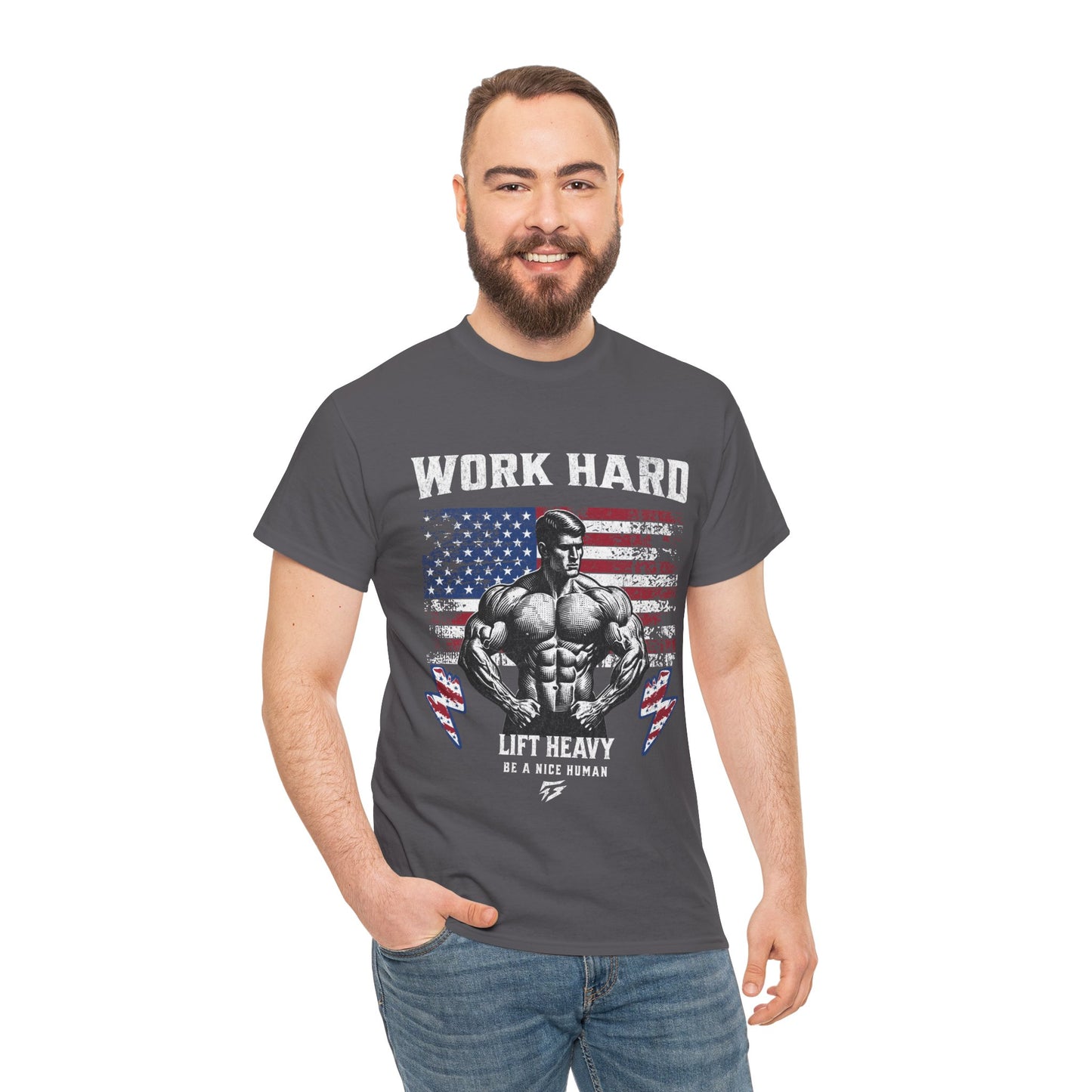 Work Hard Lift Heavy Gym Shirt Flashlander Cotton Unisex Charcoal Black Graphic Tee