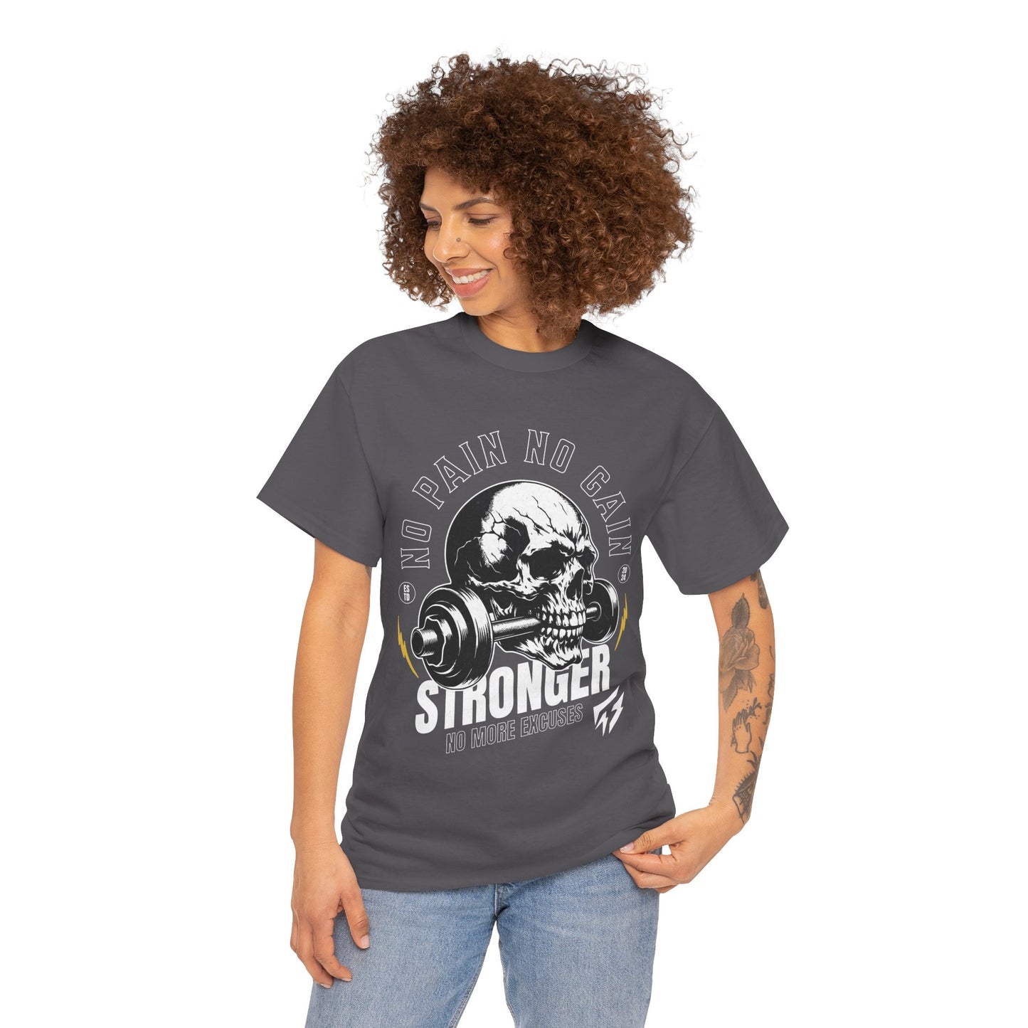 Skull Gym Shirt Flashlander No Pain No Gain Performance T-Shirt Cotton Unisex Charcoal Black Graphic Tee