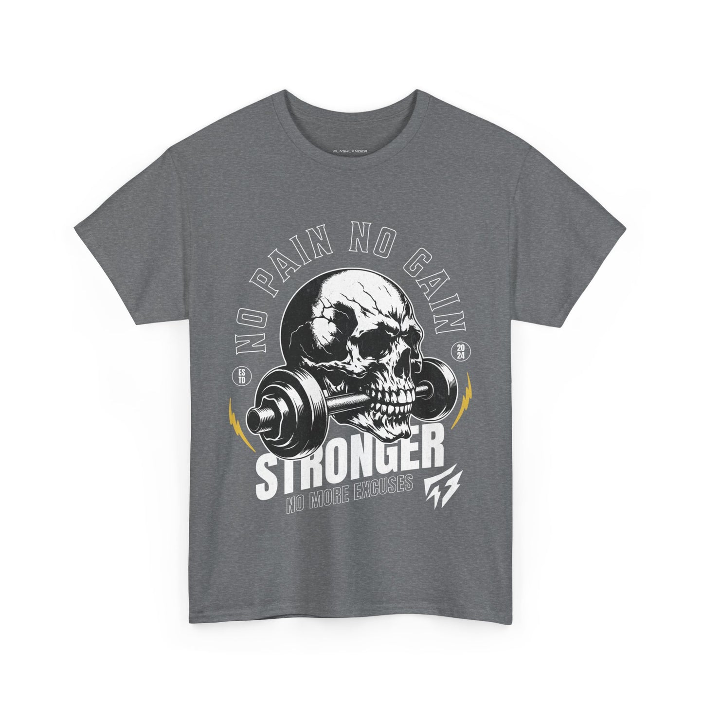 Skull Gym Shirt Flashlander No Pain No Gain Performance T-Shirt Cotton Unisex Charcoal Black Graphic Tee