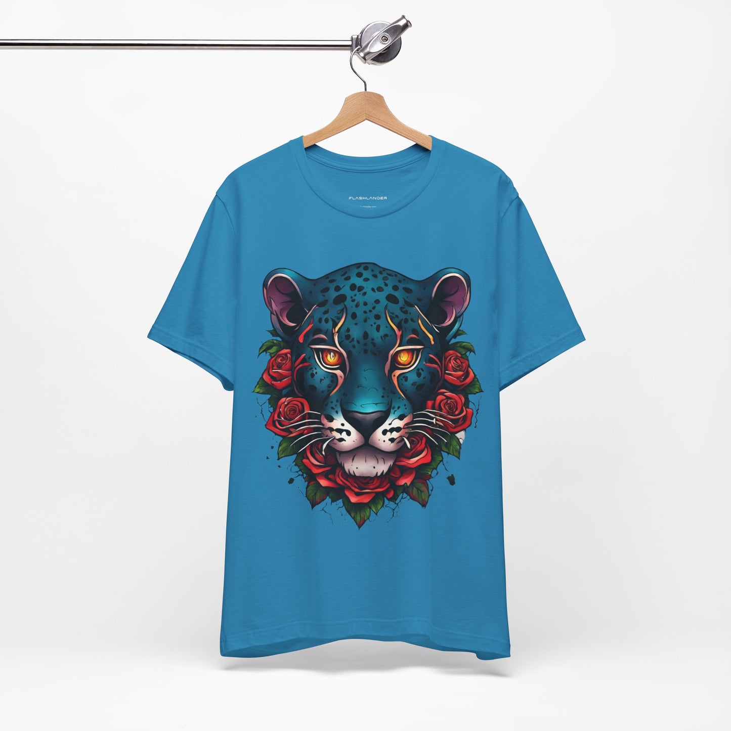 T-shirt graphique unisexe Jaguar Flames and Roses Flashlander