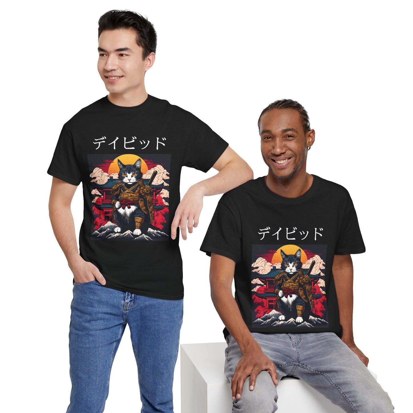 T-shirt japonais personnalisé avec votre nom T-shirt japonais personnalisé T-shirt d'anime de chat samouraï Votre texte Hiragana Katakana Kanji Femmes Hommes T-shirt