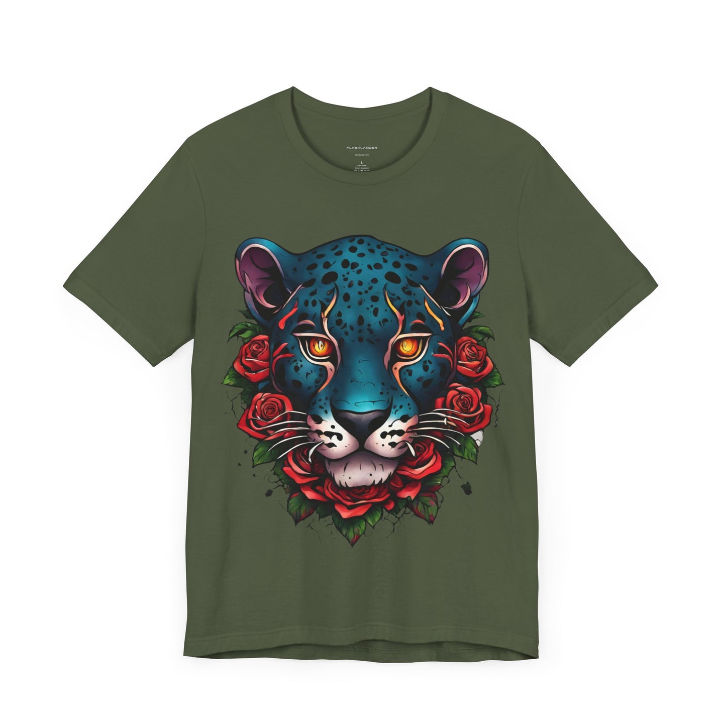 T-shirt graphique unisexe Jaguar Flames and Roses Flashlander