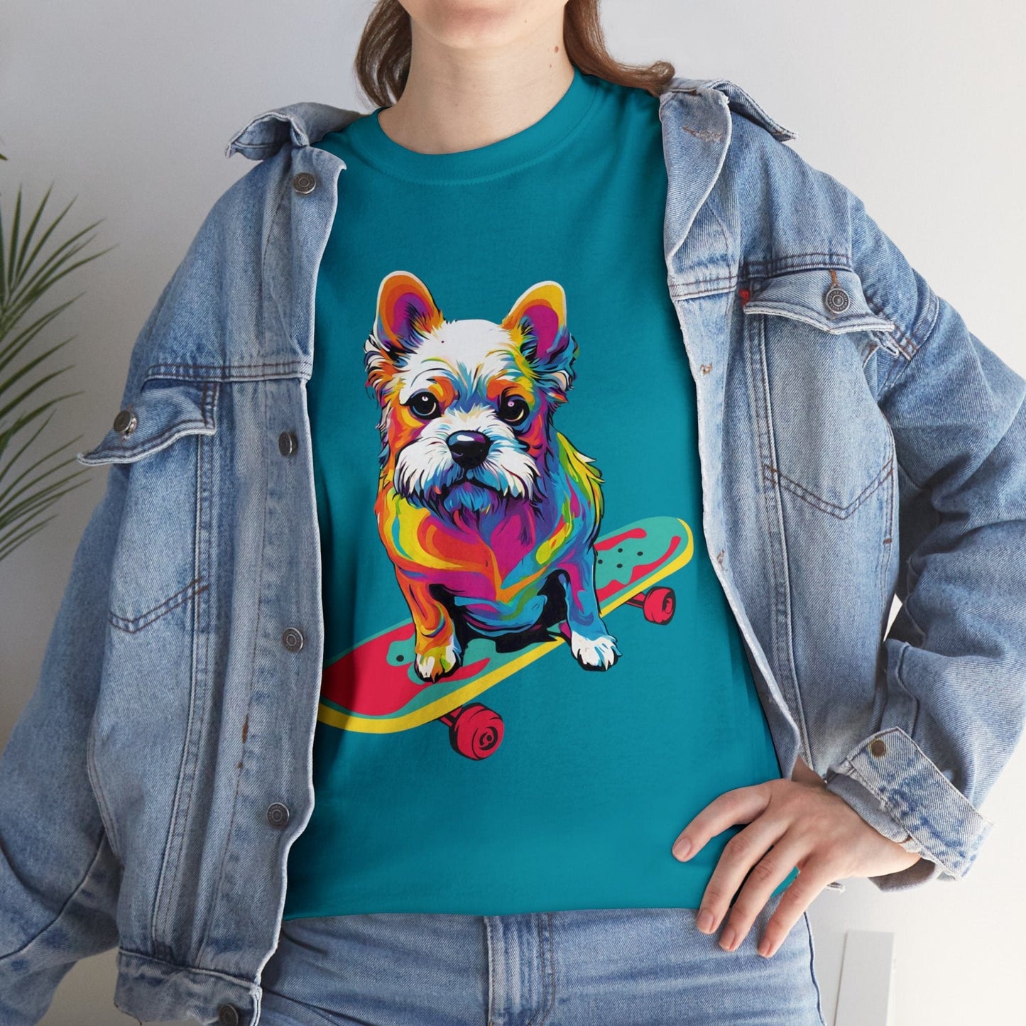 Paws on Wheels Pop Art Skateboarding Dog Tee Unisex Camiseta de algodón pesado Flashlander