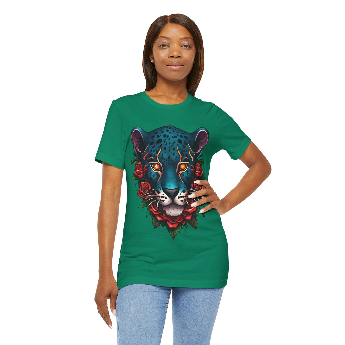 T-shirt graphique unisexe Jaguar Flames and Roses Flashlander