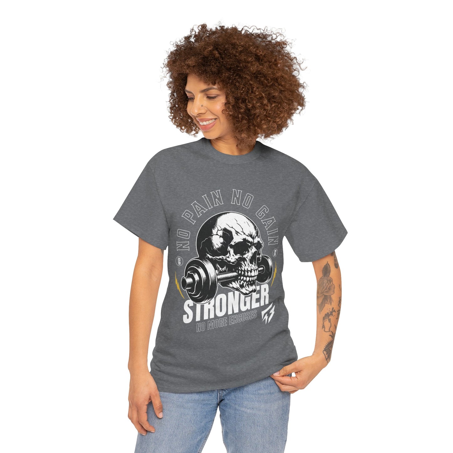 Skull Gym Shirt Flashlander No Pain No Gain Performance T-Shirt Cotton Unisex Charcoal Black Graphic Tee