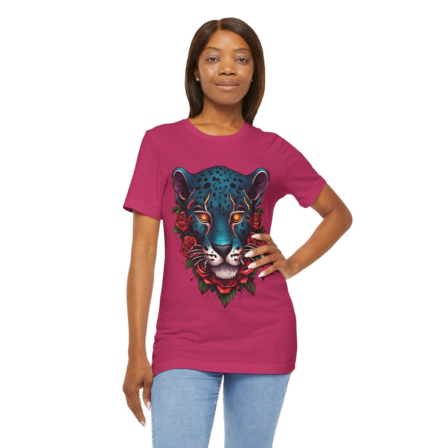 T-shirt graphique unisexe Jaguar Flames and Roses Flashlander