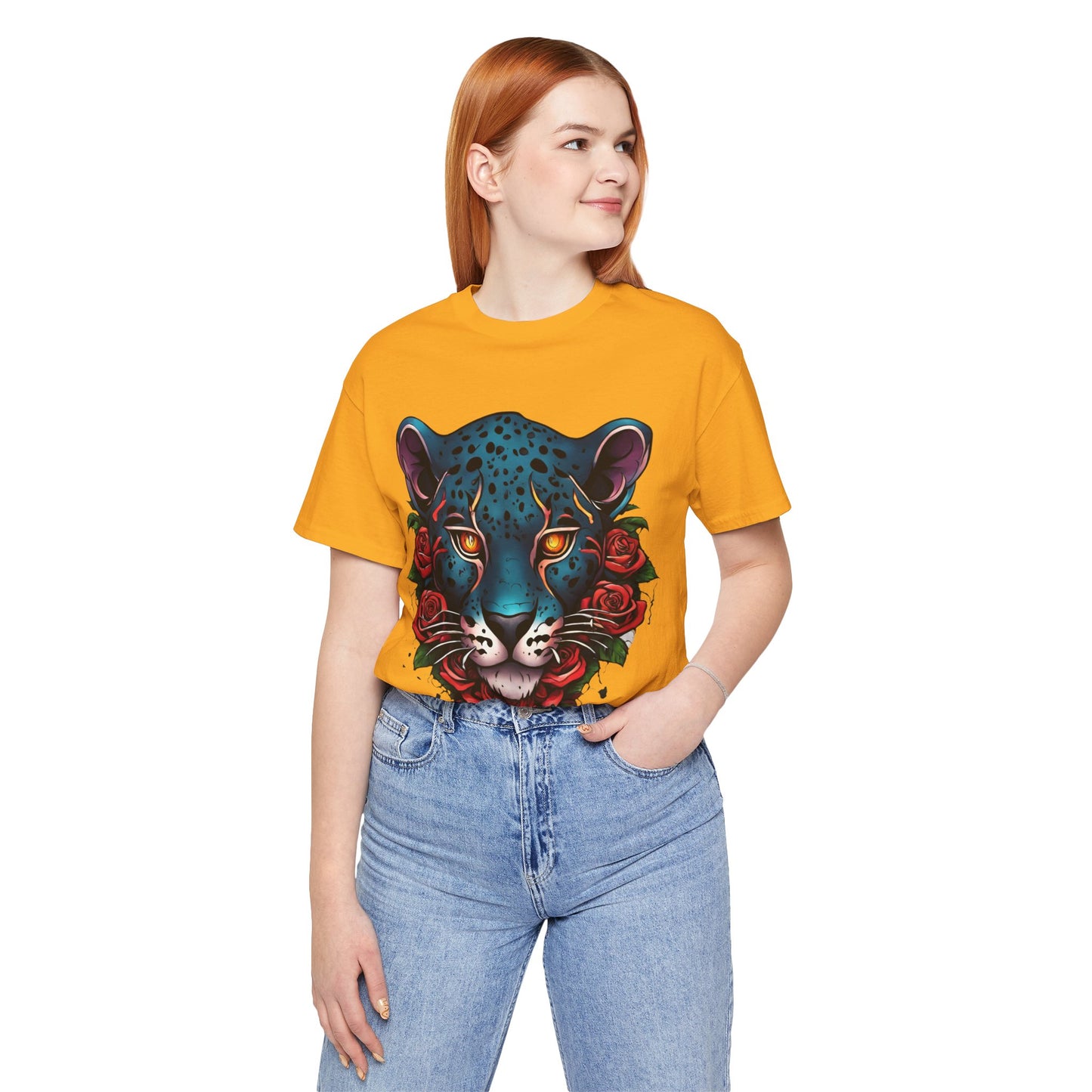 T-shirt graphique unisexe Jaguar Flames and Roses Flashlander