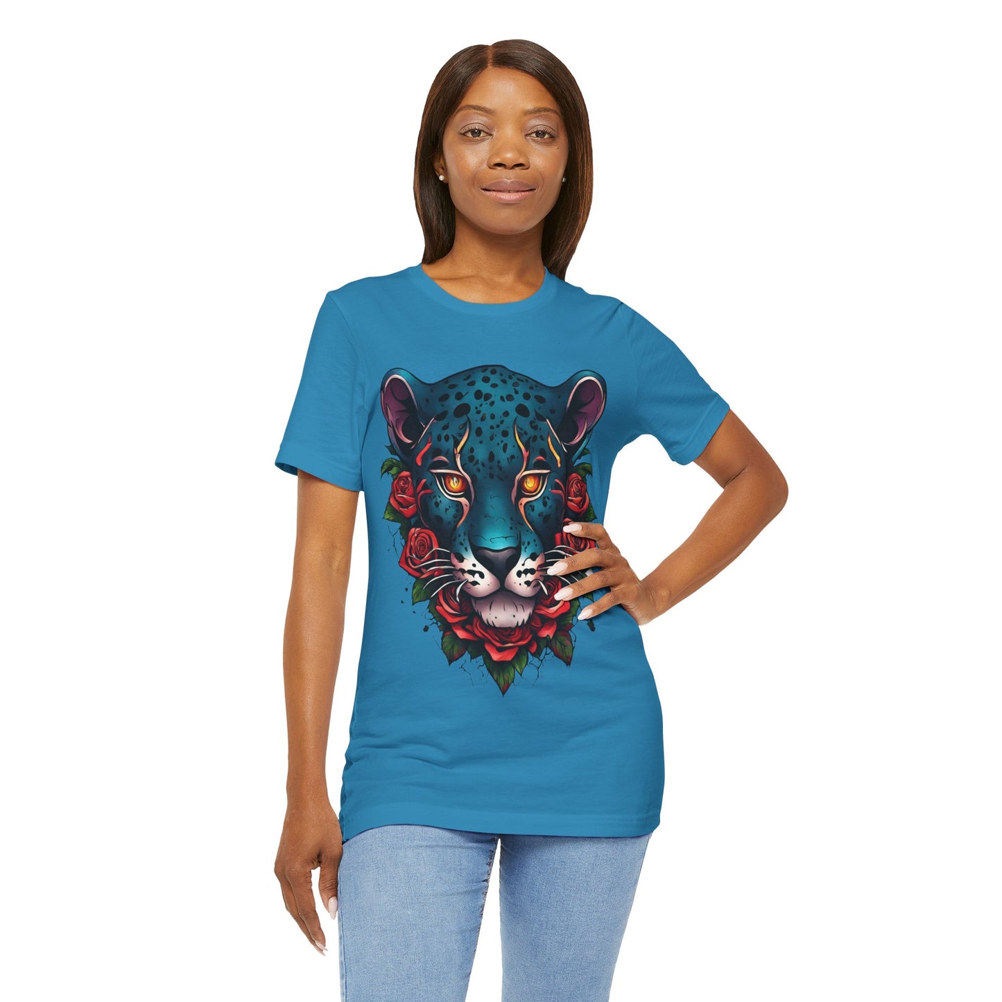 T-shirt graphique unisexe Jaguar Flames and Roses Flashlander