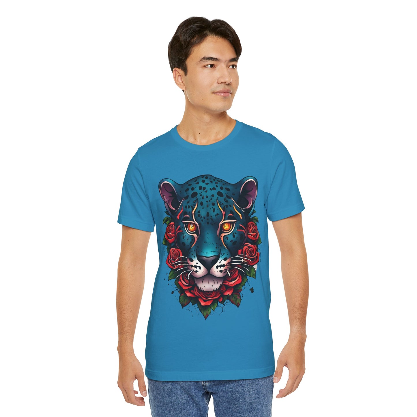 T-shirt graphique unisexe Jaguar Flames and Roses Flashlander