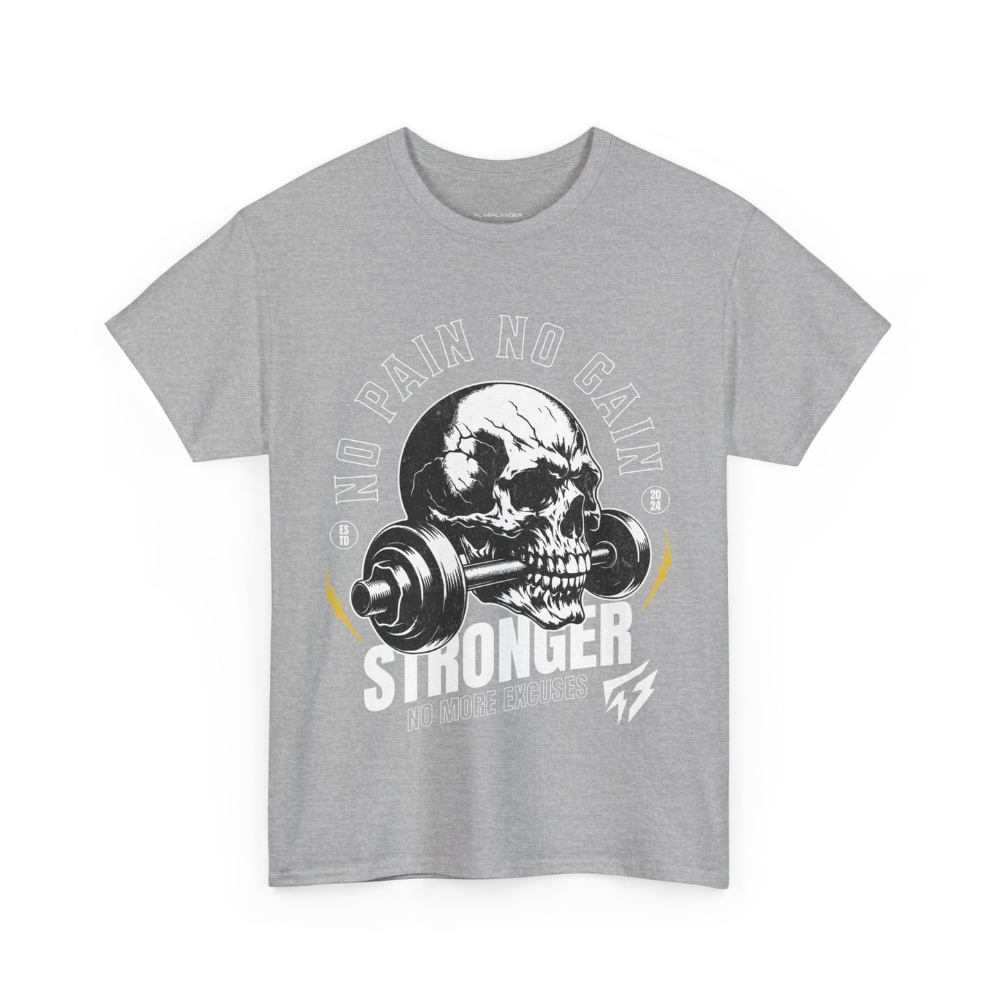 Skull Gym Shirt Flashlander No Pain No Gain Performance T-Shirt Cotton Unisex Charcoal Black Graphic Tee