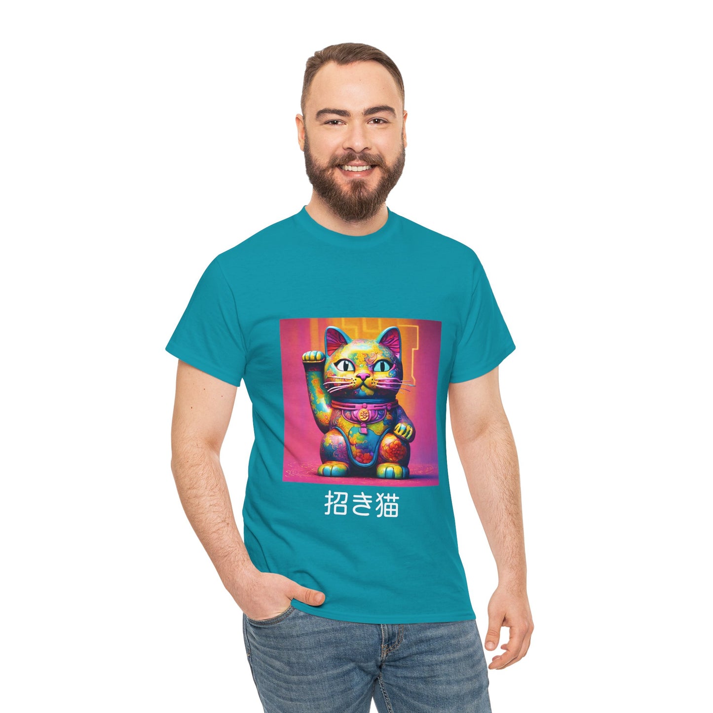 Camiseta de gimnasia Flashlander con el gato de la suerte japonés Manekineko y nombre japonés personalizado