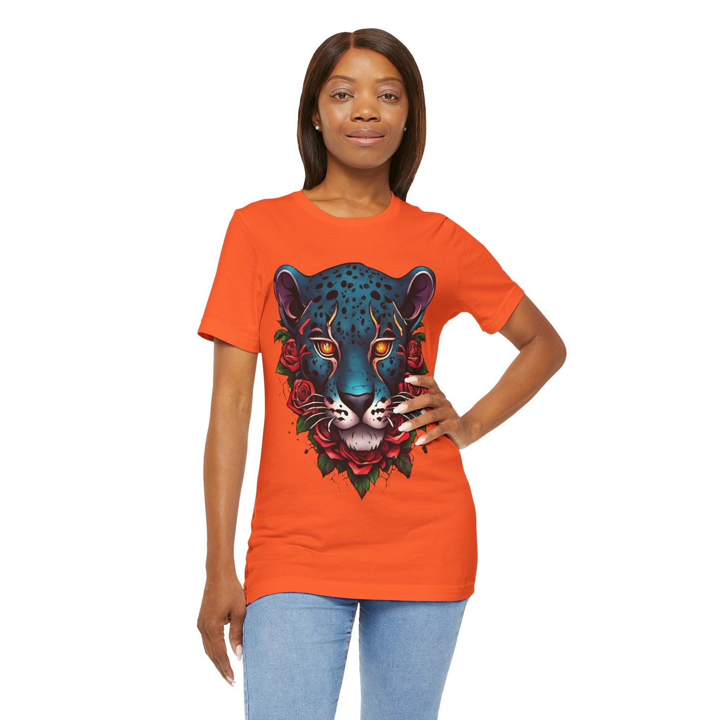 T-shirt graphique unisexe Jaguar Flames and Roses Flashlander