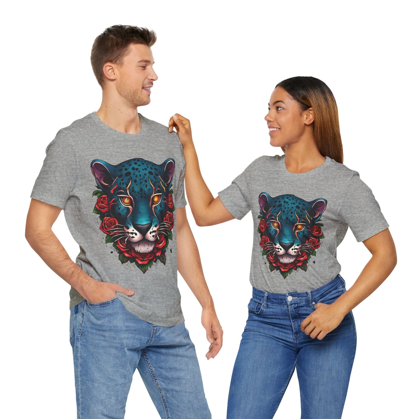 T-shirt graphique unisexe Jaguar Flames and Roses Flashlander