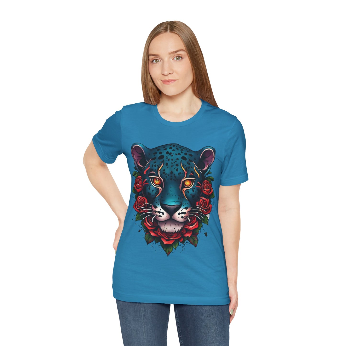 T-shirt graphique unisexe Jaguar Flames and Roses Flashlander