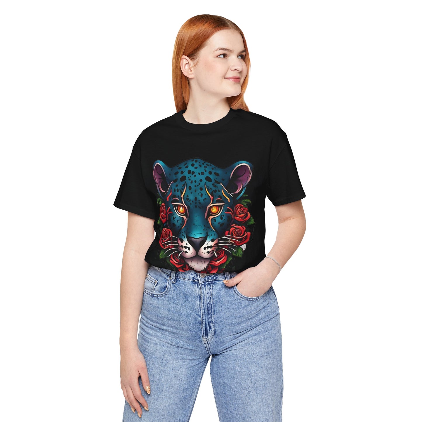 T-shirt graphique unisexe Jaguar Flames and Roses Flashlander