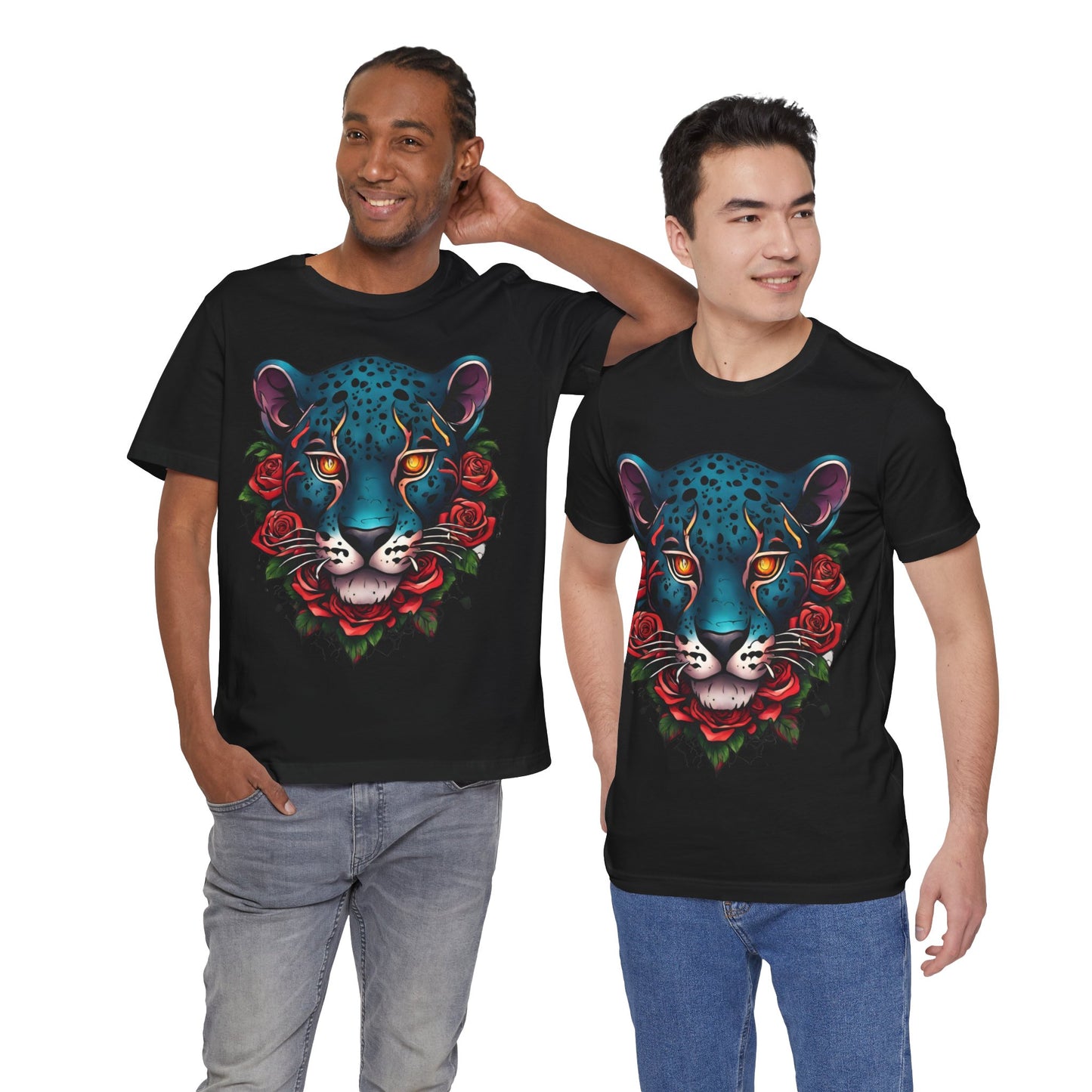 T-shirt graphique unisexe Jaguar Flames and Roses Flashlander