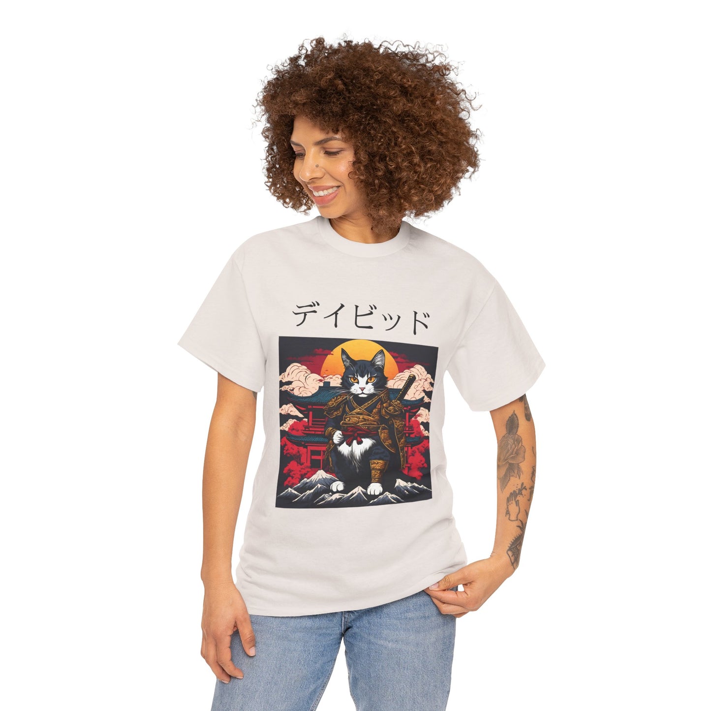 T-shirt japonais personnalisé avec votre nom T-shirt japonais personnalisé T-shirt d'anime de chat samouraï Votre texte Hiragana Katakana Kanji Femmes Hommes T-shirt