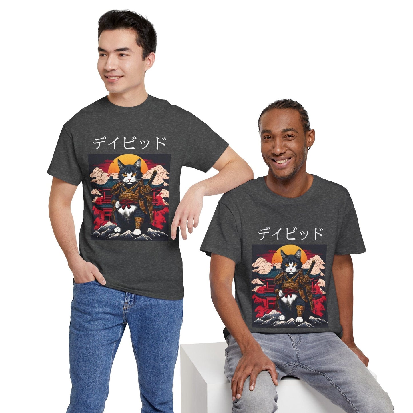 T-shirt japonais personnalisé avec votre nom T-shirt japonais personnalisé T-shirt d'anime de chat samouraï Votre texte Hiragana Katakana Kanji Femmes Hommes T-shirt