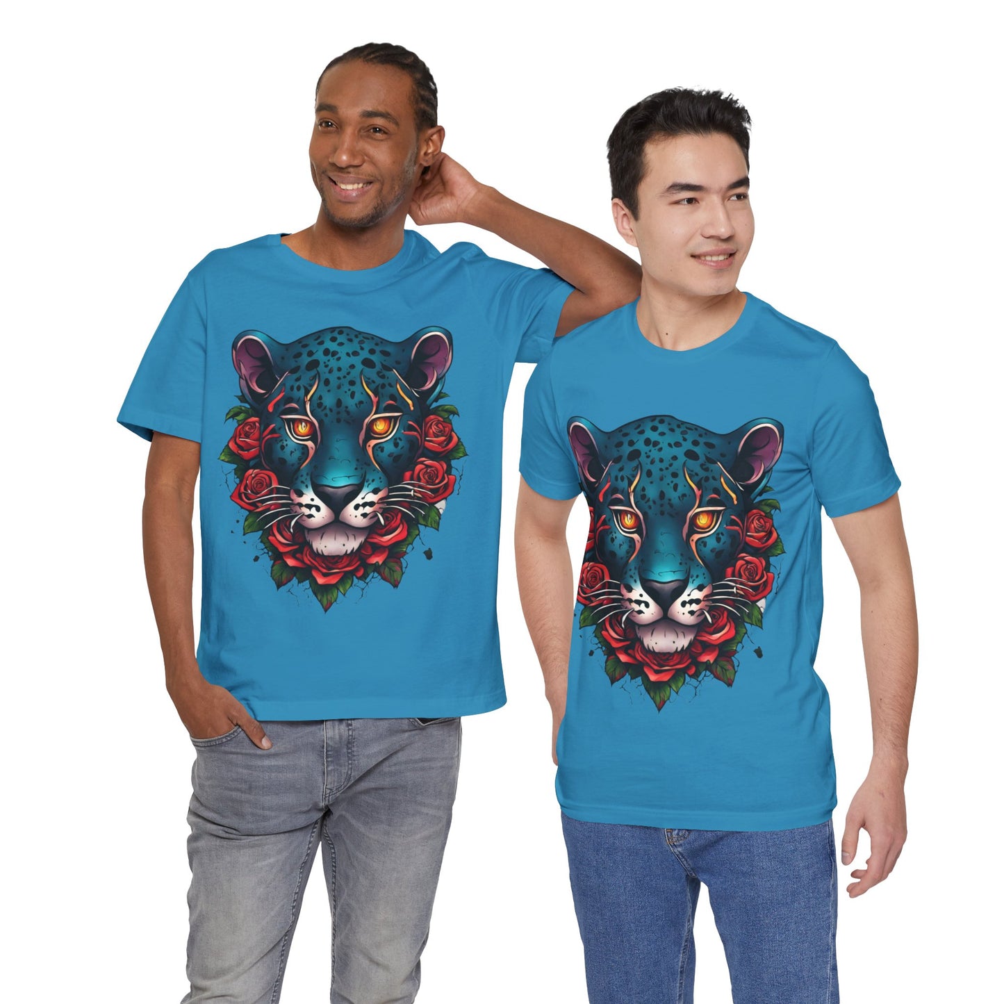 T-shirt graphique unisexe Jaguar Flames and Roses Flashlander