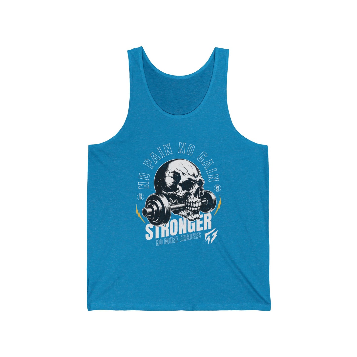 Skull No Pain No Gain Gym Cotton Unisex Jersey Tank Blue Aqua