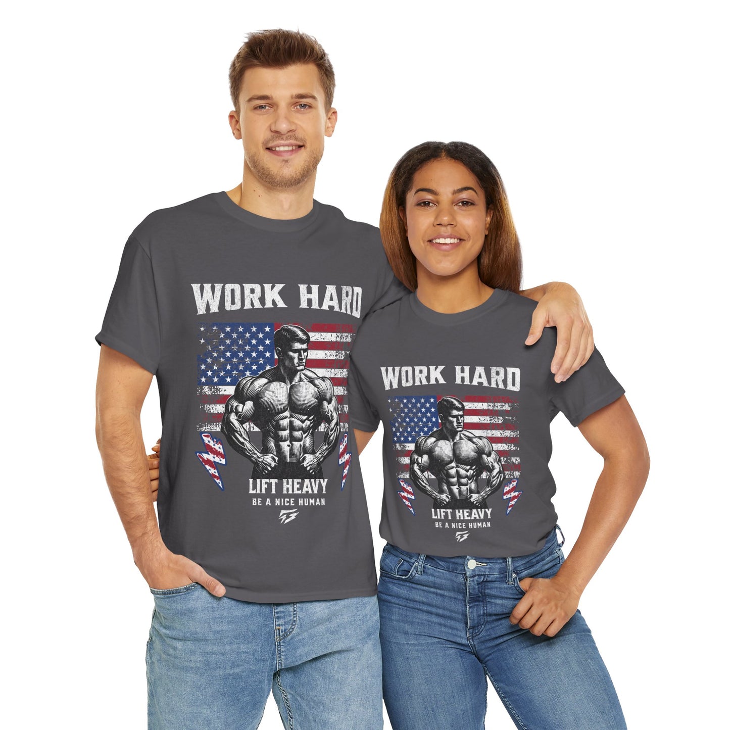 Work Hard Lift Heavy Gym Shirt Flashlander Cotton Unisex Charcoal Black Graphic Tee