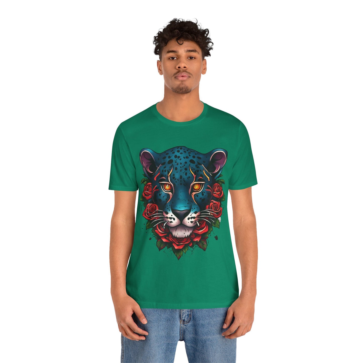 T-shirt graphique unisexe Jaguar Flames and Roses Flashlander