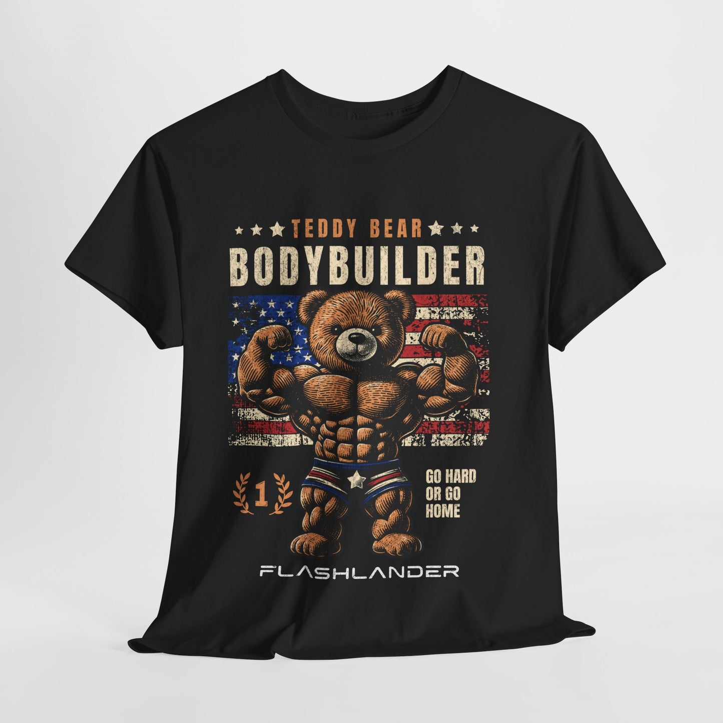 T-shirt Bodybuilder Teddy Bear Flashlander Go Hard or Go Home T-shirt en coton unisexe noir anthracite T-shirt graphique de gym