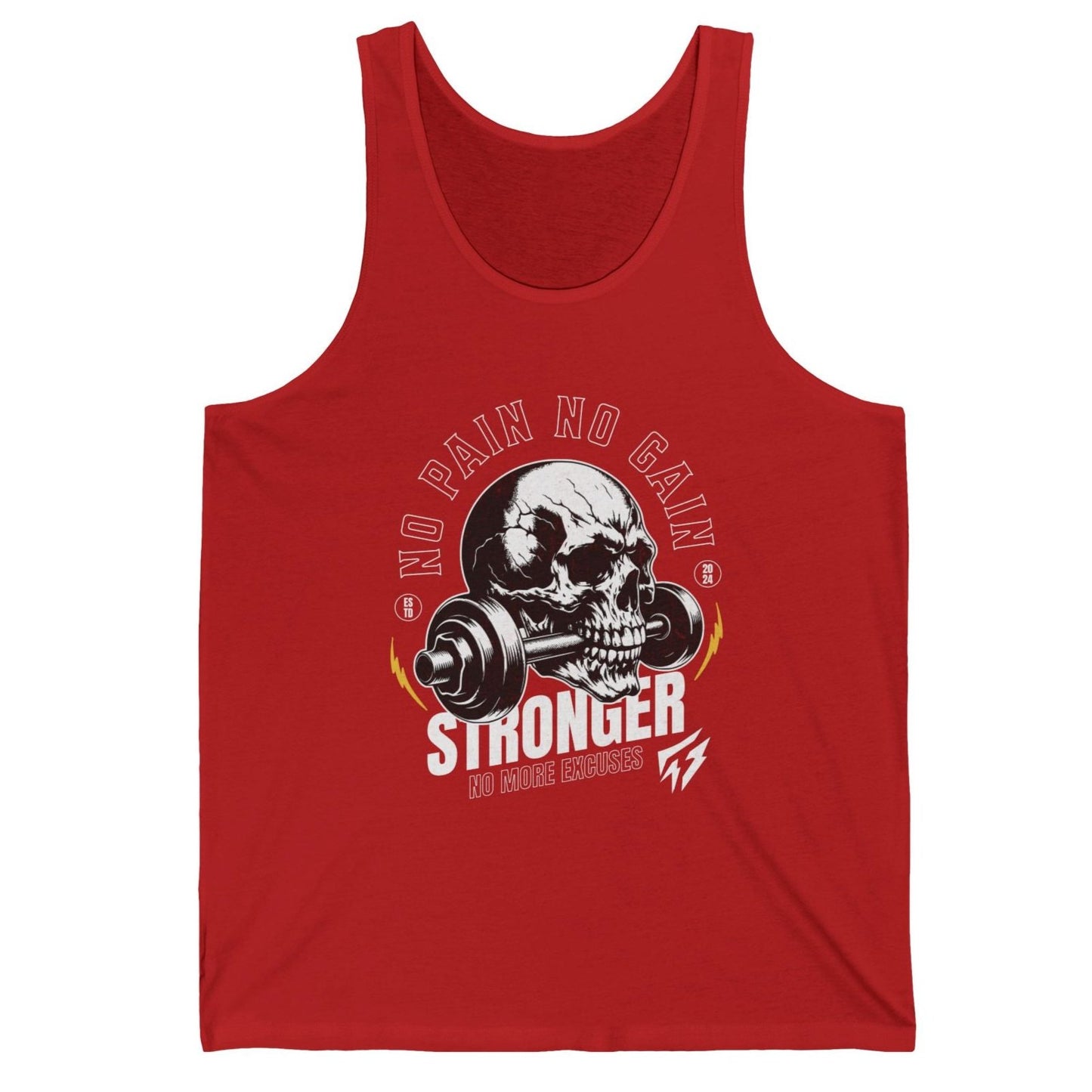 Skull No Pain No Gain Gym Cotton Unisex Jersey Tank Red