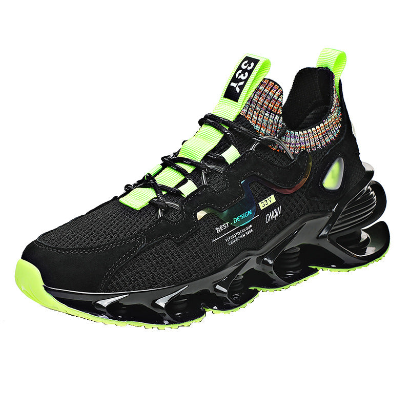 Fluorescent green and black Color Sneakers front side men's shoes green sole footwear