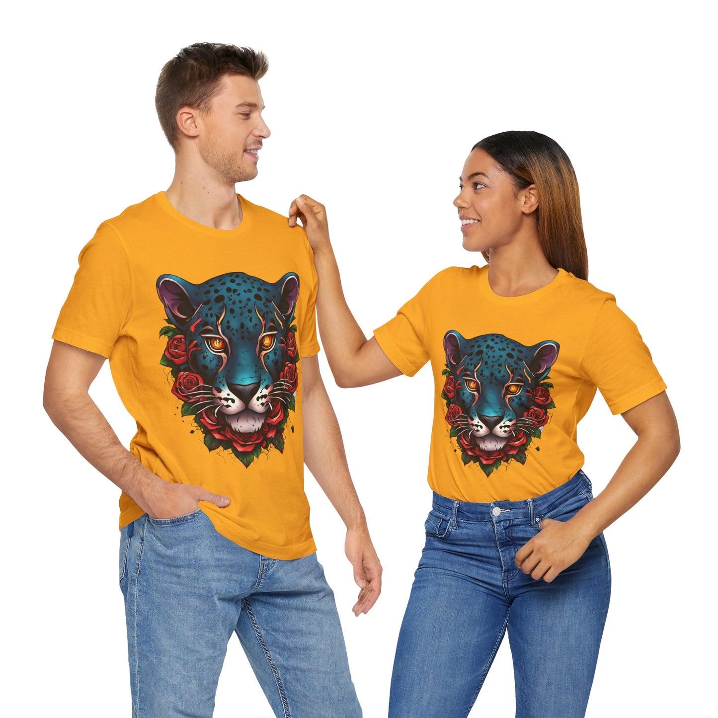 T-shirt graphique unisexe Jaguar Flames and Roses Flashlander