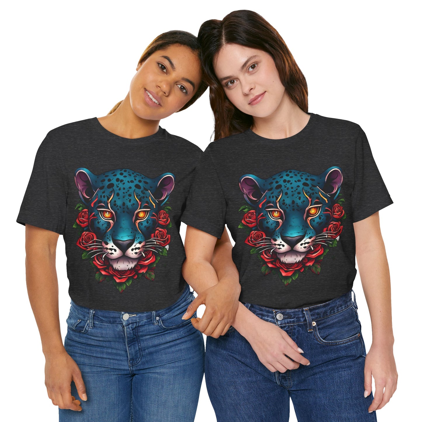 T-shirt graphique unisexe Jaguar Flames and Roses Flashlander