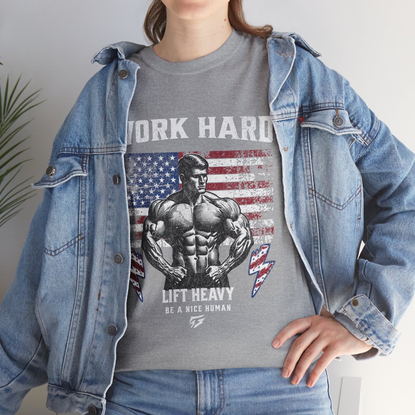 Work Hard Lift Heavy Gym Shirt Flashlander Cotton Unisex Charcoal Black Graphic Tee